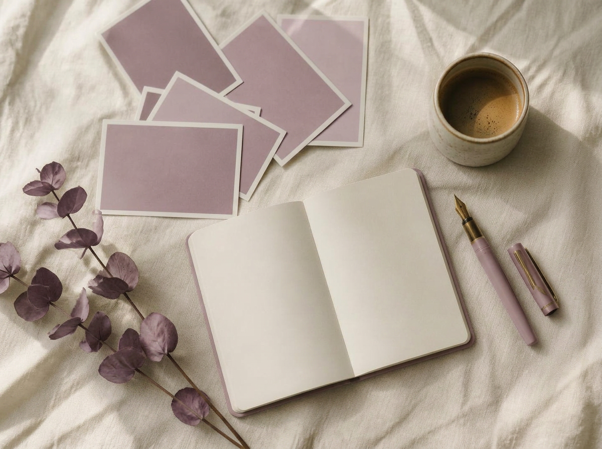 Tarjetas de fotografía, cuaderno abierto y café sobre mesa de lino